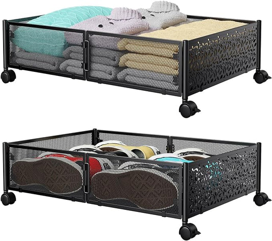 Under Bed Storage Containers with Wheels, Under Bed Shoe Storage Organizer Drawer, Tool-free Assembly Metal Storage Containers for Bedroom Clothes Shoes Blankets -2PCK