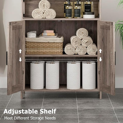 Homhedy Farmhouse Bathroom Storage Cabinet with 2 Doors, Toilet Paper Cabinet with Adjustable Shelf, Small Bathroom Cabinet for Kitchen/Laundry/Living Room, 11.8 x 23.6 x 31.5 Inches, Greige