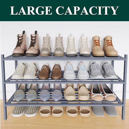 Smiry Long Bamboo Shoe Rack 3-Tier, Stackable Wooden Shoe Organizer for Entryway & Closet, Free Standing Wood Shoe Storage Shelf for Front Door & Small Spaces, Grey