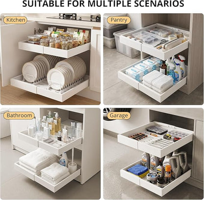 DOMNIU 2 Pack Pull Out Cabinet Organizers Expandable Width (12.4''-20.27''), Upgrade 3 Slide Rails Sliding Drawer for Kitchen Cabinet Organizer with Adhesive Nano Film, White
