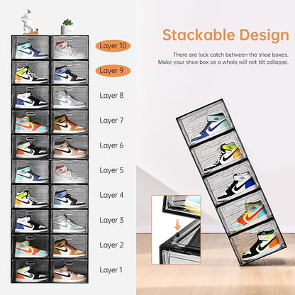 New Gray 8 Pack Shoe Boxes Stackable, Large Shoe Storage Organizer with Lids,Drop Side Shoe Containers for Entryway,Sneaker Storage Fit up to US Size 13 for Men/Women(13’’x 10.6”x 8.3”)