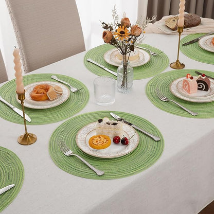 SHACOS Round Placemats Set of 6 for Dining Tables 15 inch Cotton Braided Placemats Washable Reversible for Kitchen Holiday Party (Mixed Color Pea Green, 6)