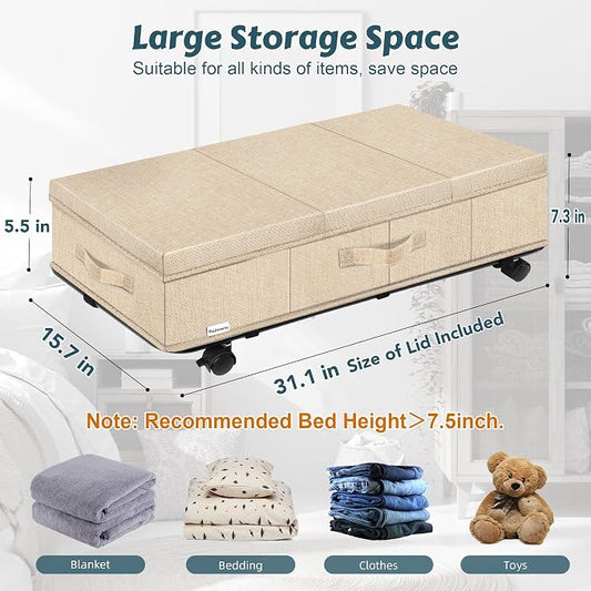 Supowin Under Bed Storage with Wheels, Rolling Underbed Storage Containers with Lids, Under Bed Shoe Storage Bins Organizer with Reinforced Metal Bottom Support and Three Handles