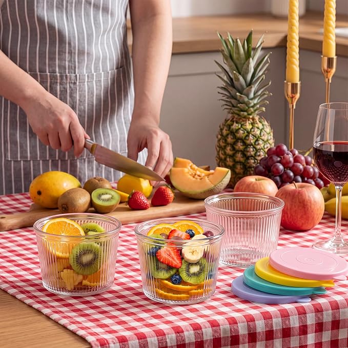 4 Sets Small Glass Bowls with Pastel Lids 6.8oz Ribbed Clear Glass Containers Stackable Dessert Custard Pudding Cups Condiment Bowls for Sauces Dips Nuts Oats Candy Dessert Cereal