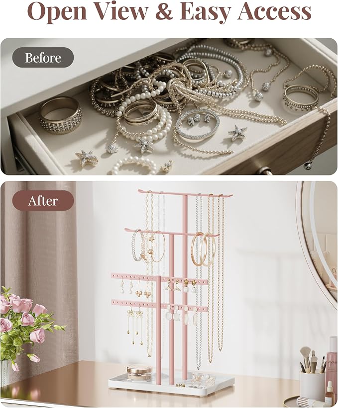 pickpiff Pink Jewelry Stand Holder Organizer: 14.5" Sturdy Hanger for 80 Pcs Jewelry, Jewlery Tower for Display Necklace, Earring, Bracelet, Watch
