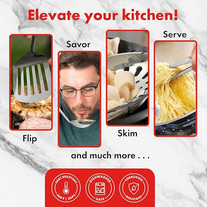 Emeril Lagasse 10-Piece Stainless Steel Utensil Set – Premium 304 Mirror Finish Cooking Tools with Hanging Loops – Heat Resistant, Dishwasher Safe Kitchen Gadgets for Nonstick Cookware