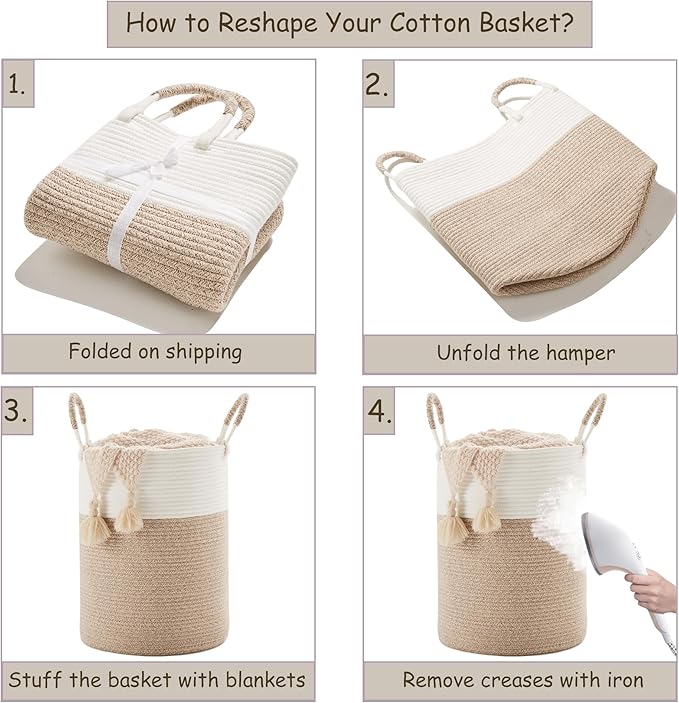 Hamper Laundry Basket Tall Woven Clothes Hamper for Baby Girls Nursery Kids Cotton Rope Blanket Basket in Living Room Bathroom Bedroom Brown 60L Large Capacity