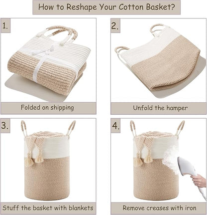 Hamper Laundry Basket Tall Woven Clothes Hamper for Baby Girls Nursery Kids Cotton Rope Blanket Basket in Living Room Bathroom Bedroom Brown 60L Large Capacity