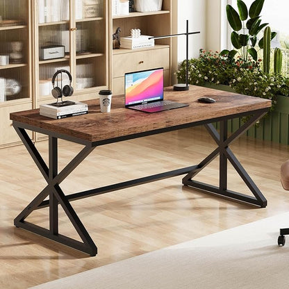 IBF 55” Rustic Computer Desk, Industrial Brown Home Office Desk, Wooden Metal Executive Pc Computer Desk Table, Wood Student Gaming Study Computer Table for Bedroom Living Room, Rustic Brown, 55 Inch