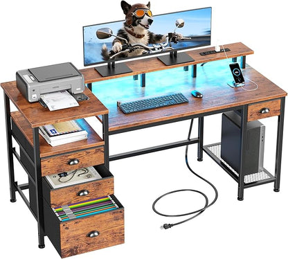 Furologee 60" Computer Desk with File Cabinet and Storage Shelves, Reversible Home Office Desk with LED Lights, Full Monitor Stand, Power Outlets, Study Gaming Table with 4 Drawers, Rustic Brown
