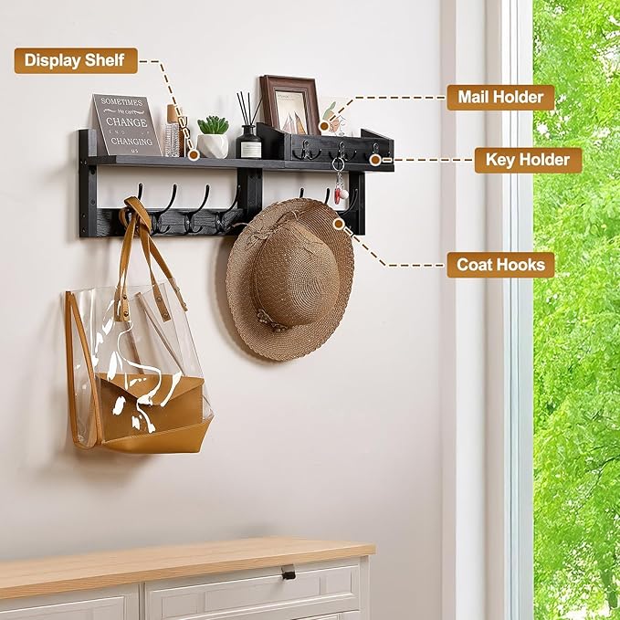 28.9" Wall Hanger Coat Rack Key Holder Wall Mount with Shelf,11Shelf with Coat Hooks Wall Mount, Coat Hangers for Bathroom, Living Room, Bedroom (Black)