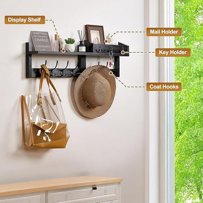 28.9" Wall Hanger Coat Rack Key Holder Wall Mount with Shelf,11Shelf with Coat Hooks Wall Mount, Coat Hangers for Bathroom, Living Room, Bedroom (Black)
