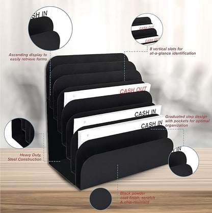 BankSupplies STEELMASTER Steel Cashier Pad Rack - 8 Slot File & Desk Organizer - Paper Organizer - Black Powder Coat Finish - Scratch & Chip-Resistant - Forms, Applications, Deposit Slips & Checks