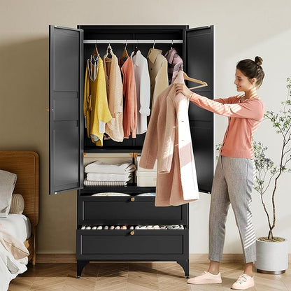 BYNSOE Metal Armoire Wardrobe Closet with 2 Drawers 71'' Wardrobe Cabinet with Drawers and Hanging Rail Metal Closet with Adjustable Shelves for Bedroom. (Black, with 2 Drawers)