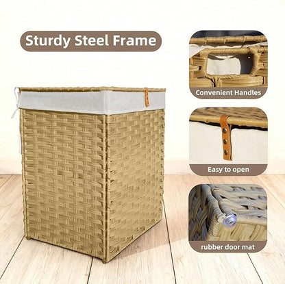 Woven Laundry Hamper with Lid,24Gal (90 L) Rattan Wicker Laundry Basket 2 Sections with Lid, Removable Machine Washable Line, Large Clothes Hamper with Handles for Bathroom Bedroom, Yellow