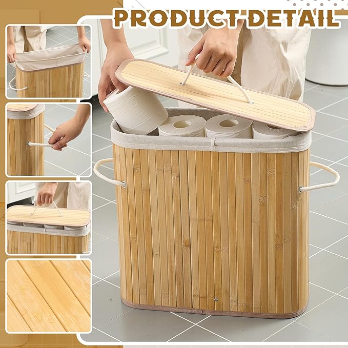 Leinuosen Bamboo Toilet Paper Storage Basket 8 Gallons Toilet Paper Organizer Holder with Lid Waterproof for Kitchen Bathroom Home(Beige,Regular)
