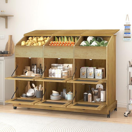 Triple Potato and Onion Storage Bin with Wheels, 3 Tier Wooden Potato Storage Cabinets with Mesh Doors, Farmhouse Movable Fruit and Vegetable Box, Wood Bread Box for Kitchen (Triple Brown)