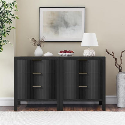 3 Drawer Dresser, Chest of Drawers Organizer with Waveform Panel, Large Fluted Dresser with Wide Drawers and Golden Handles, Wood Storage for Bedroom, Hallway, Entryway, Black
