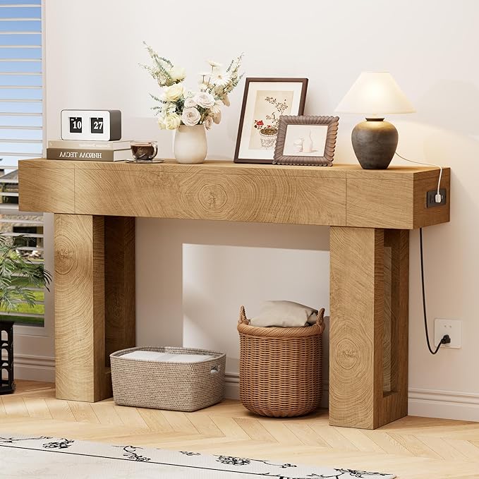 63 Inch Long Console Table w/Outlets & USB Ports, Narrow Rectangular Sofa Table Behind The Couch, Farmhouse Entryway Table for Entrance, Hallway, Living Room