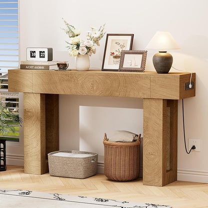 63 Inch Long Console Table w/Outlets & USB Ports, Narrow Rectangular Sofa Table Behind The Couch, Farmhouse Entryway Table for Entrance, Hallway, Living Room