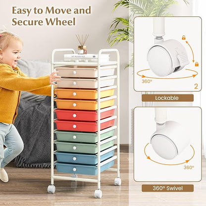 RELAX4LIFE Craft Organizers and Storage Cart - Rolling Cart with 10 Drawers, Lockable Casters for Tools, Trolley Cart with Wheels, Utility Cart for School, Home Office, Craft Cart (Macaron)