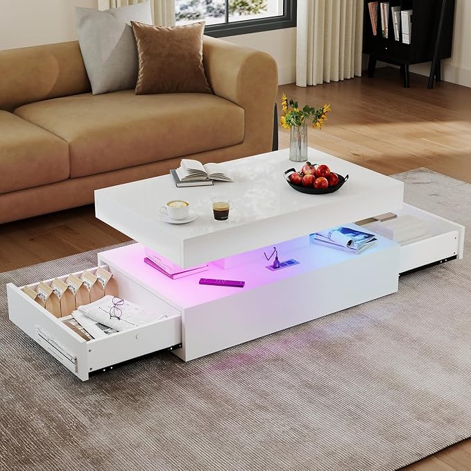 39” High-Glossy LED Coffee Table with 2 Sliding Drawers, Living Room Storage Coffee Tables, Modern Stylish Double-Layer Center Tables with LED Lights, White