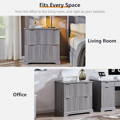 JXQTLINGMU 2 Drawer File Cabinet with Charging Station, 30" Fluted Lateral File Cabinet w/Files Hanging Rod for Letter/Legal/A4, Large Tabletop for Printer, Office Wood Printer Cabinets, Oak Gray