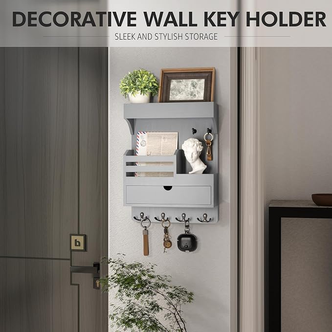 Rebee Vision Wooden Key Holder Wall Mount with Drawer Organizer – Modern Mail and Key Organizer for Wall Featuring 6 Robust Hooks & a Floating Shelf – Trendy Home Decor Solution (Gray)