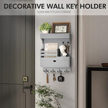 Rebee Vision Wooden Key Holder Wall Mount with Drawer Organizer – Modern Mail and Key Organizer for Wall Featuring 6 Robust Hooks & a Floating Shelf – Trendy Home Decor Solution (Gray)