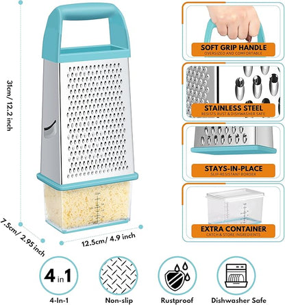 Urbanstrive Cheese Grater With Container, Professional Cheese Grater with Handle, Stainless Steel Graters for Kitchen Handheld, Box Grater with 4 Sides for Vegetables, Ginger, Potatoes (Blue)