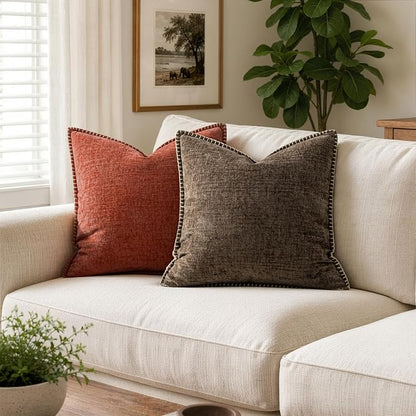 MIULEE Pack of 2 Couch Throw Pillow Covers 18x18 Inch Brown Farmhouse Decorative Pillow Covers with Stitched Edge Soft Chenille Solid Dyed Pillow Covers for Sofa Bed Living Room