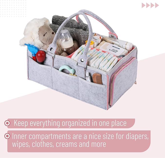 Mr. Pen- Baby Diaper Caddy Organizer, Gray, Pink Inside, Nursery Storage Bin and Car Organizer for Diapers and Baby Wipes