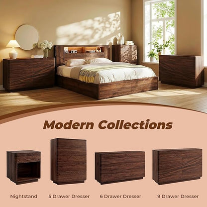 ACCOHOHO 5 Drawer Dresser for Bedroom, 42" Tall Modern Wood Dresser with Hidden Handle Drawers, Large Storage Chest of Drawers for Living Room & Hallway, Curved Profile Design, Dark Walnut