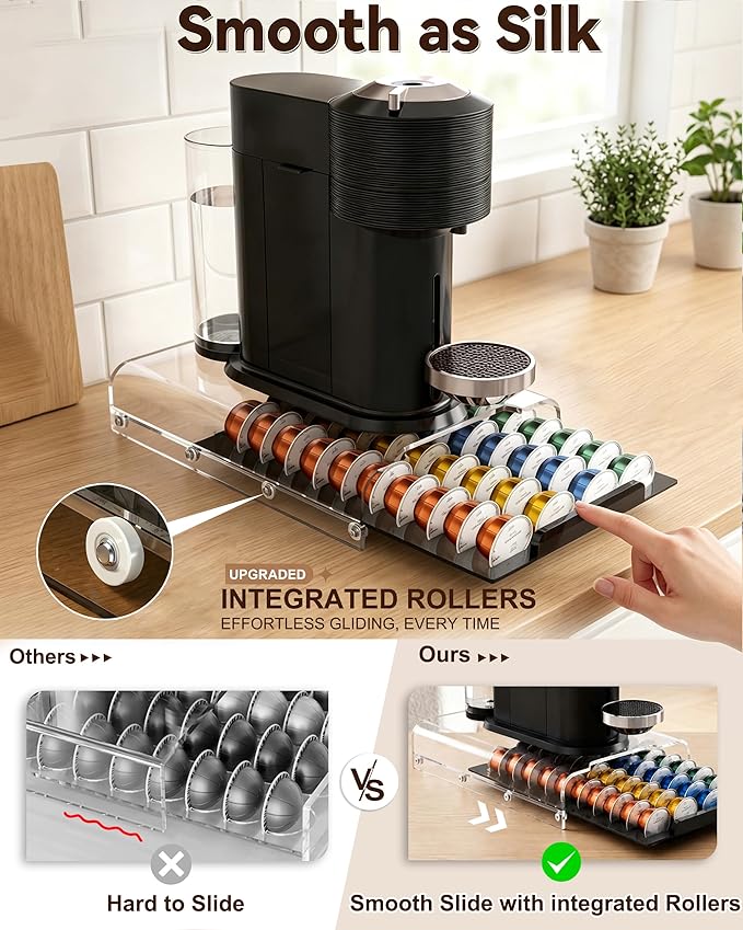 Upgraded Nespresso Vertuo Pod Holder,Clear Acrylic Coffee Pod Drawer Organizer with 40 Pods Capacity,Smooth Gliding Roller & Heavy Duty 48lbs Top Load,Anti-Drop Nespresso Vertuo Capsule Storage