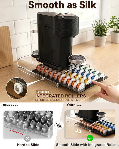 Upgraded Nespresso Vertuo Pod Holder,Clear Acrylic Coffee Pod Drawer Organizer with 40 Pods Capacity,Smooth Gliding Roller & Heavy Duty 48lbs Top Load,Anti-Drop Nespresso Vertuo Capsule Storage