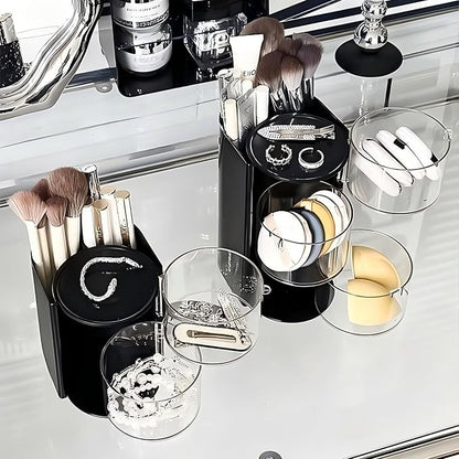 Azurphoric Hair Accessories Organizer with Hair Brush Holder, Rotatable Makeup Brush Holder for Necklaces, Earring, Bracelet, Ring, Makeup Brushes, Hair Clip and Hair Accessories (Black, 2-Layer)