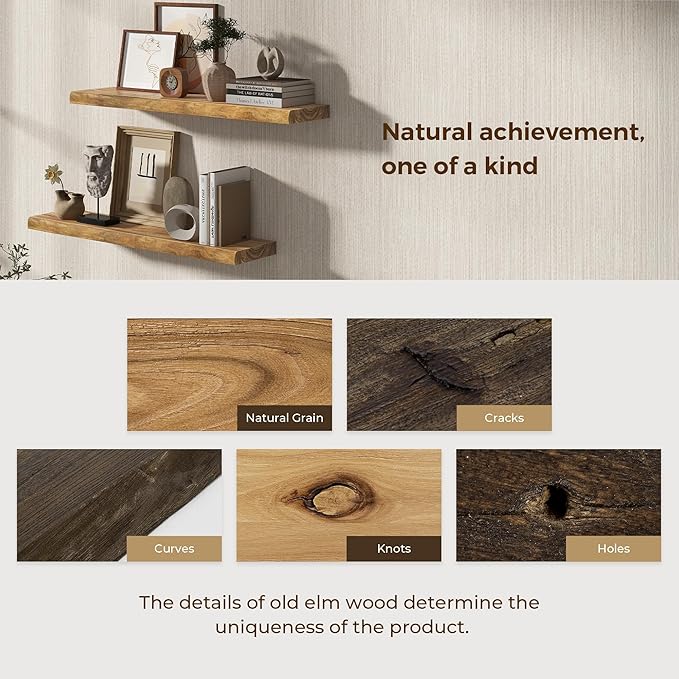55 Inch Floating Shelves for Wall, Solid Elm Wood Live Edge Wall Shelf for Home Decor, 8 Inch Deep Floating Shelf, 55 x 8 Wooden Shelves for Bathroom Living Room Kitchen, Natural Color, Set of 1
