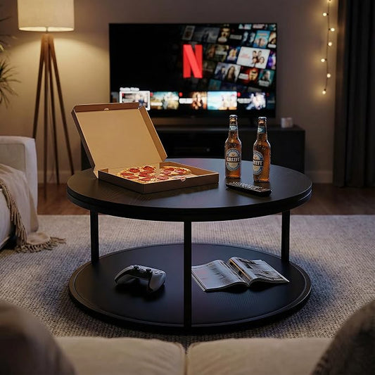 YESHOMY 36" Round Coffee Table, 2-Tier Wood Center Table with Storage Shelf, Heavy-Duty Metal Frame, Easy Assembly, Ideal for Living Room & Small Spaces, Black