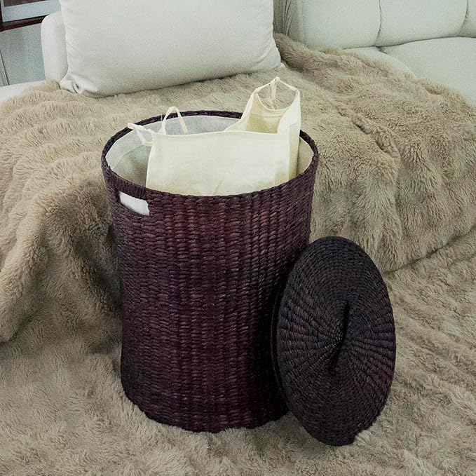 Hand Woven Laundry Basket with Lid,21-Inch Laundry Hamper with Removable Liner for Laundry and Elegant Storage,Dark Coffee