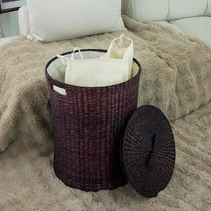 Hand Woven Laundry Basket with Lid,21-Inch Laundry Hamper with Removable Liner for Laundry and Elegant Storage,Dark Coffee