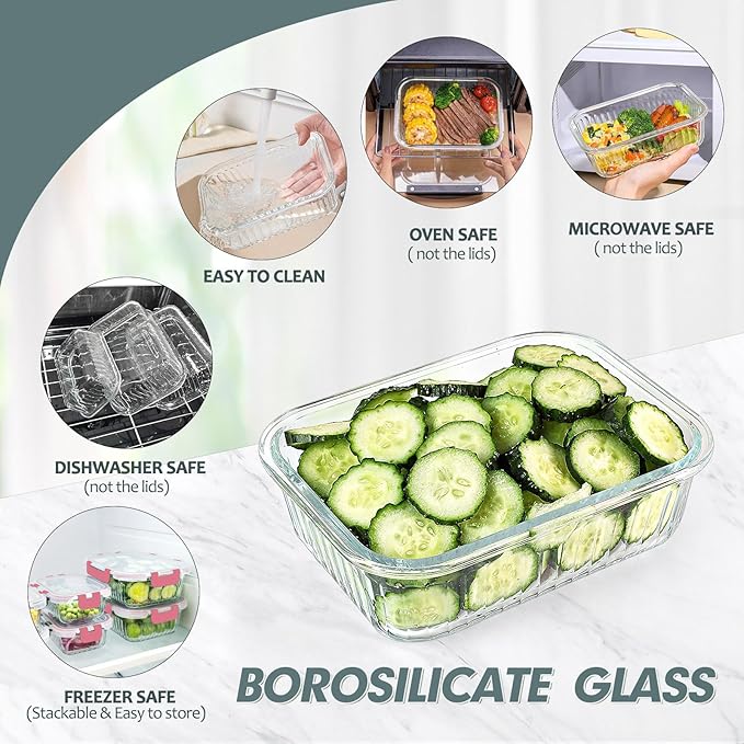 KOMUEE 10 Packs Glass Meal Prep Containers with Lids, Glass Food Storage Containers Set, Airtight Lunch Containers, Microwave, Oven, Freezer and Dishwasher Safe, Pink