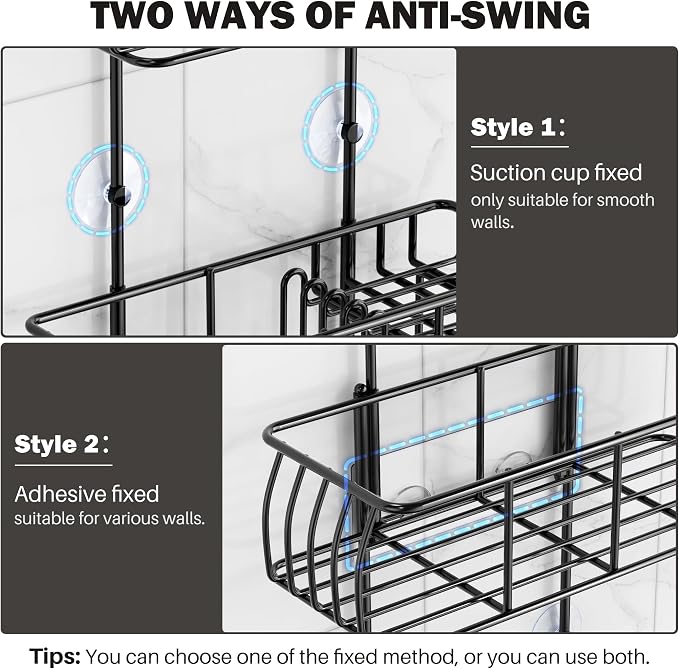 Epicano Shower Caddy Hanging, Anti-Swing Over Head Shower Caddy Rustproof with Hooks for Towels, Sponge and More, Matte Black