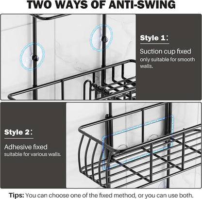 Epicano Shower Caddy Hanging, Anti-Swing Over Head Shower Caddy Rustproof with Hooks for Towels, Sponge and More, Matte Black