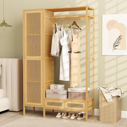Giantex Bamboo Clothes Rack with Shelves, Freestanding Garment Rack w/Rattan Door, Hanging Rod, Storage Shelf, 2 Drawers, 7-Tier Heavy Duty Wardrobe Closet Organizer w/Cabinet for Entryway Bedroom