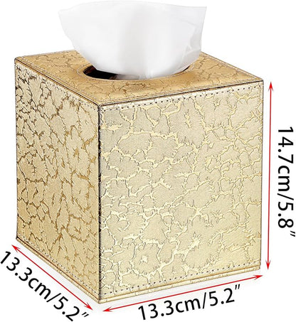Sumnacon Square Leather Tissue Box Cover - Stylish Cube Tissue Box Holder with Magnetic Bottom, Decorative PU Tissue Box for Vanity Dresser Night Stand Table Countertop Home Office Car, Gold