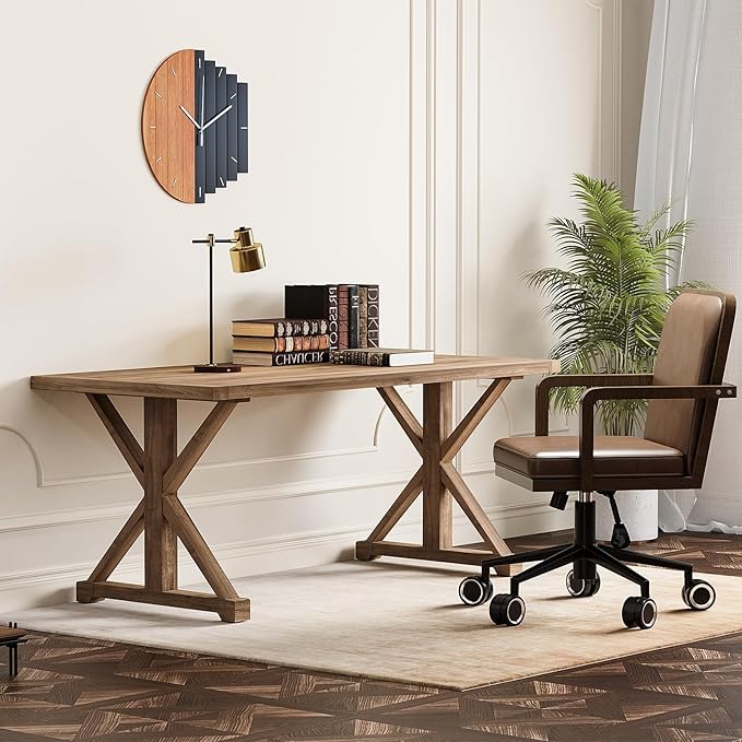 homary 70.9" Solid Wood Executive Desk, Rustic Farmhouse Home Office Desk with X-Trestle Base, Large Writing & Computer Table for Home Office, Study or Dining Space