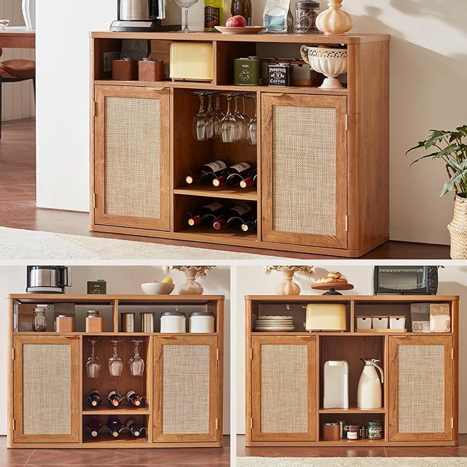 Lerliuo Rattan Wine Cabinet with 2 Doors, Boho Liquor Cabinet with Wine Racks, Farmhouse Coffee Bar Station for Living Room, Dining Room, Kitchen, Tea Brown