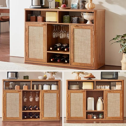 Lerliuo Rattan Wine Cabinet with 2 Doors, Boho Liquor Cabinet with Wine Racks, Farmhouse Coffee Bar Station for Living Room, Dining Room, Kitchen, Tea Brown