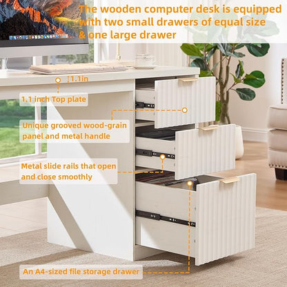 48" Modern Fluted Executive Desk with Storage Cabinet, White Large Home Office Desk with File Drawer & Metal Handles, Wood Computer Writing Table for Office,Study, Bedroom,Living Room