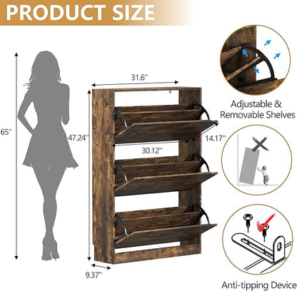 Shoe Cabinet with 3 Flip Drawers, 47" Slim Hidden Wood Shoe Storage Cabinet with Adjustable Shelf, Freestanding Narrow Shoe Rack Organizer for Entryway, Hallway, Brown